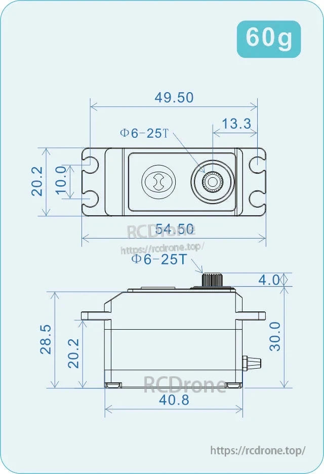 Technical dimension drawing of THETA Razor-TH1 low profile tail servo, 49.5 mm length, 25T spline, 60 g
