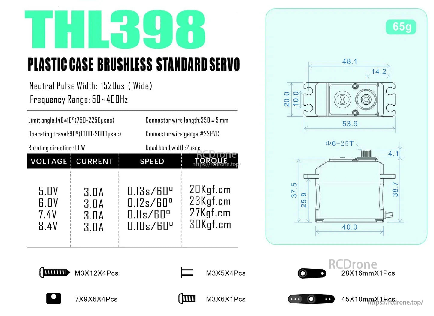 THETA THL398 standard size plastic case brushless servo specs with 65g weight, dimensions, torque/speed table