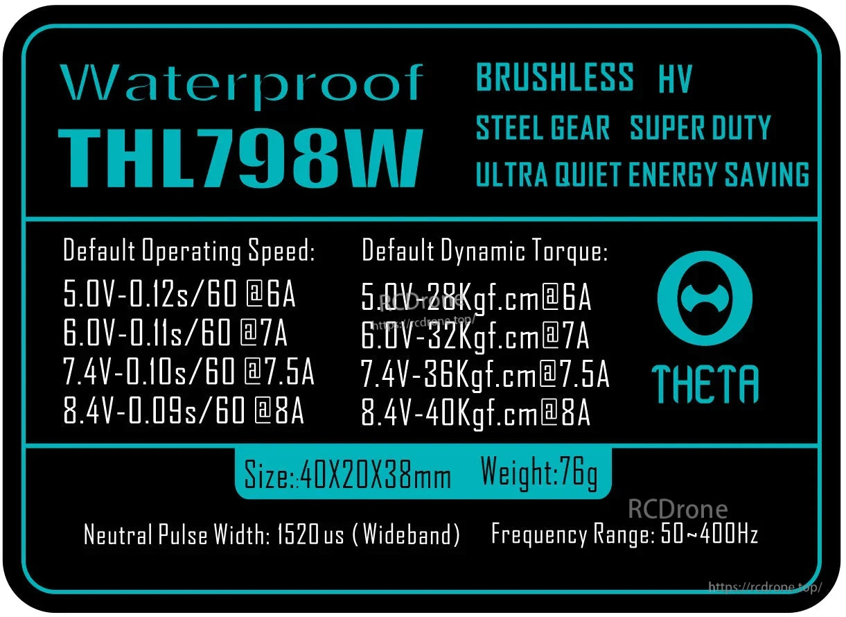 THETA THL798W waterproof brushless HV servo spec card with speed/torque ratings, 40×20×38 mm size and 76 g weight