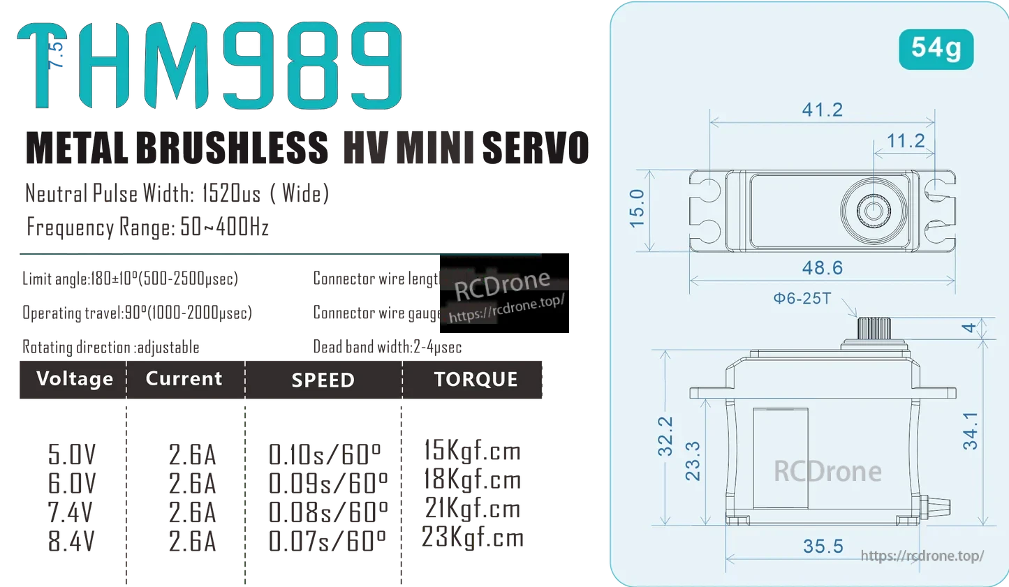 THETA THM989 HV High Torque Mini Brushless Servo, THETA THM989 mini brushless servo dimension diagram showing 54g weight, 48.6mm length and 25T (φ6) output spline