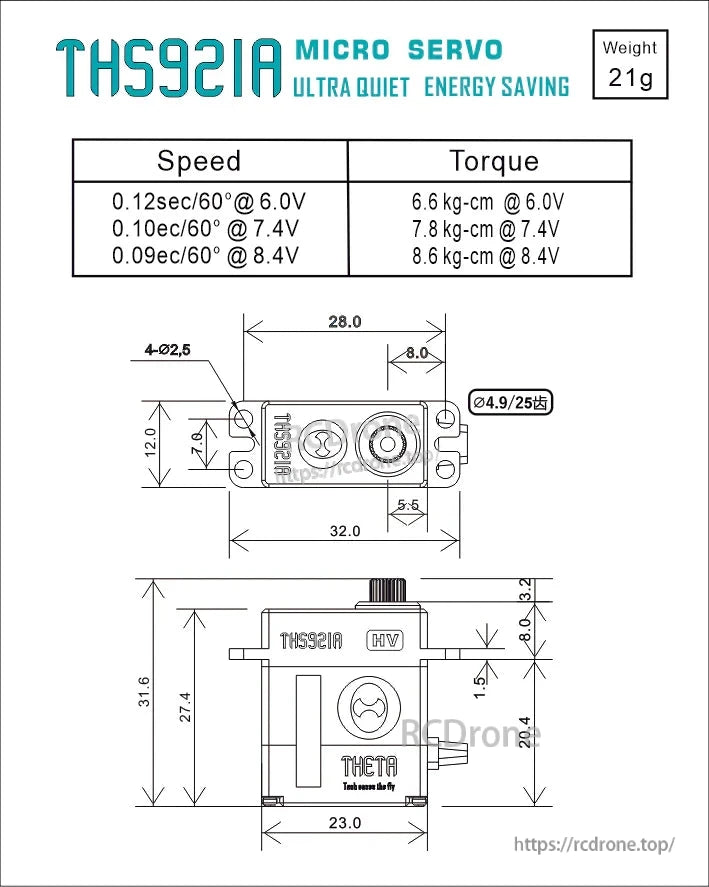 THETA THS921A HV Micro Coreless Servo, THETA THS921A HV micro servo dimensions and specs chart showing 21g weight, speed/torque at 6.0–8.4V