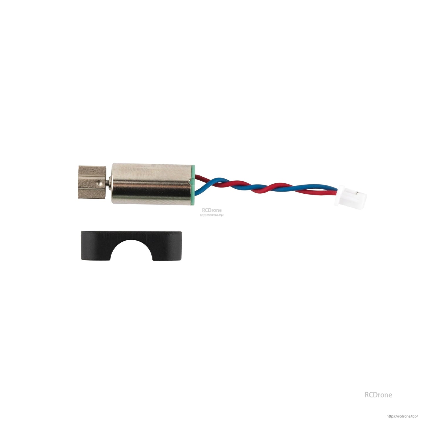 Vibration motor accessory with twisted red and blue wires, 2-pin connector, and black mounting clip on white background