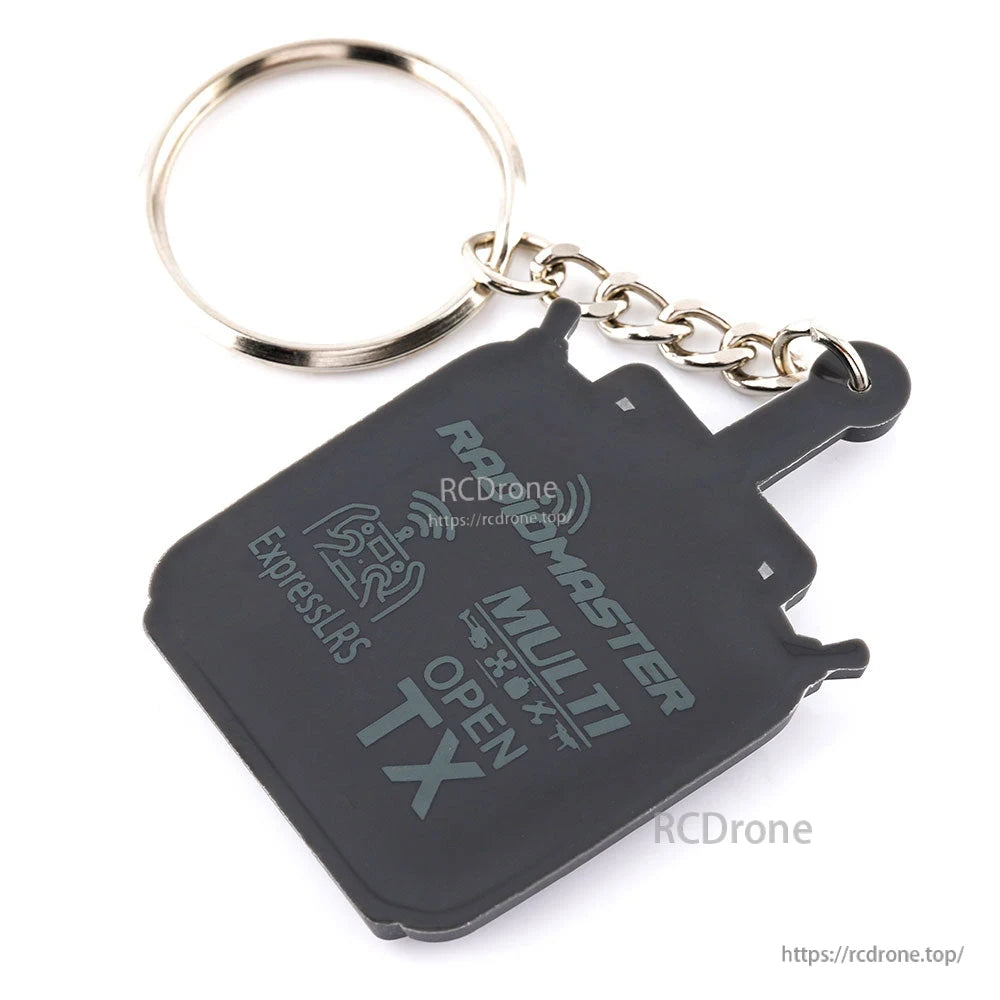 Back view of TX16S keychain fob showing printed RadioMaster multi-protocol graphics and metal key ring