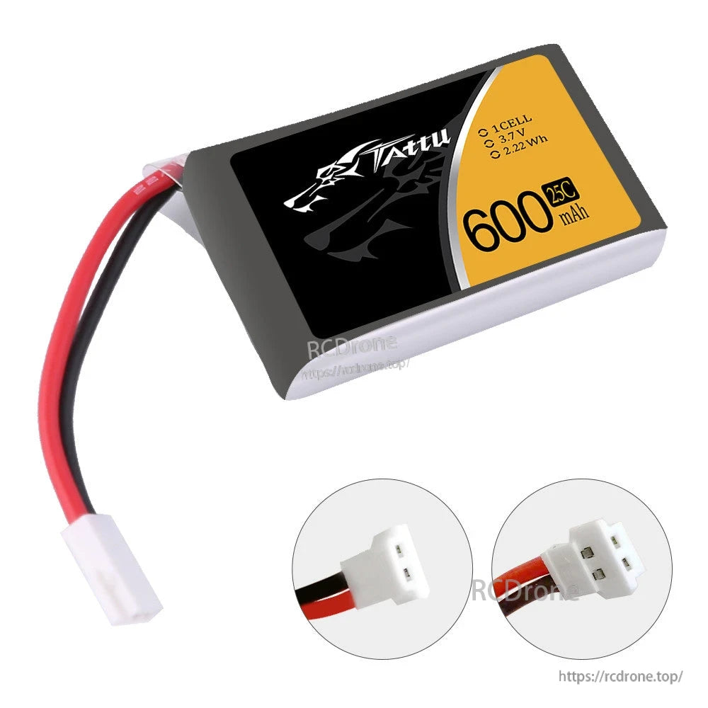 Tattu 1S 600mAh 25C 3.7V LiPo battery with red/black lead and white 2-pin Molex 51005 plug