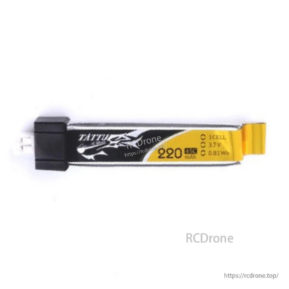 Tattu 220mAh 3.7V 45C 1S1P LiPo Battery, Tattu 220mAh 3.7V 1S LiPo battery pack with small black connector and yellow label