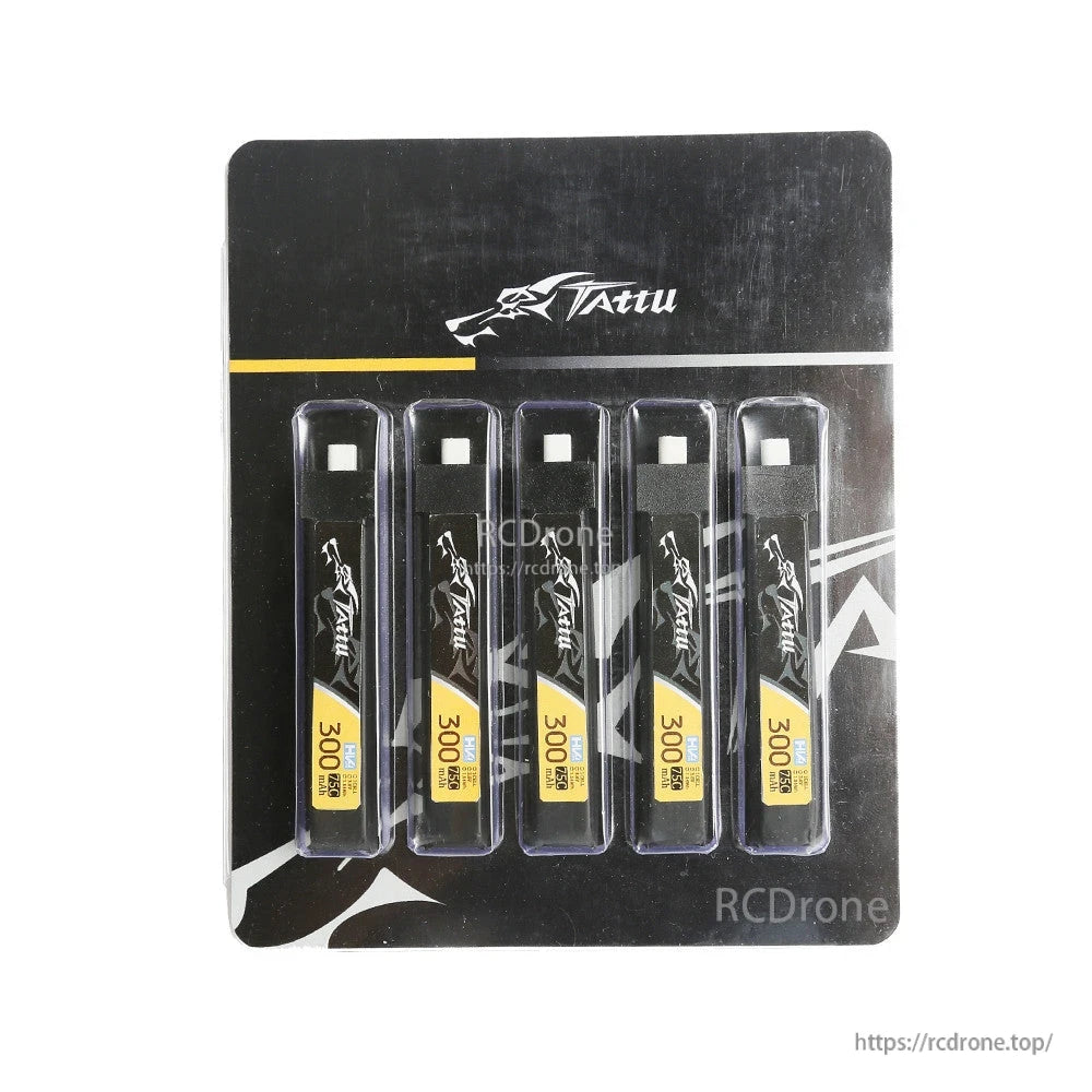 Tattu 300mAh 1S 75C 3.8V LiPo Battery, Pack of five Tattu 300mAh 1S LiHV 3.8V 75C LiPo batteries in retail blister packaging