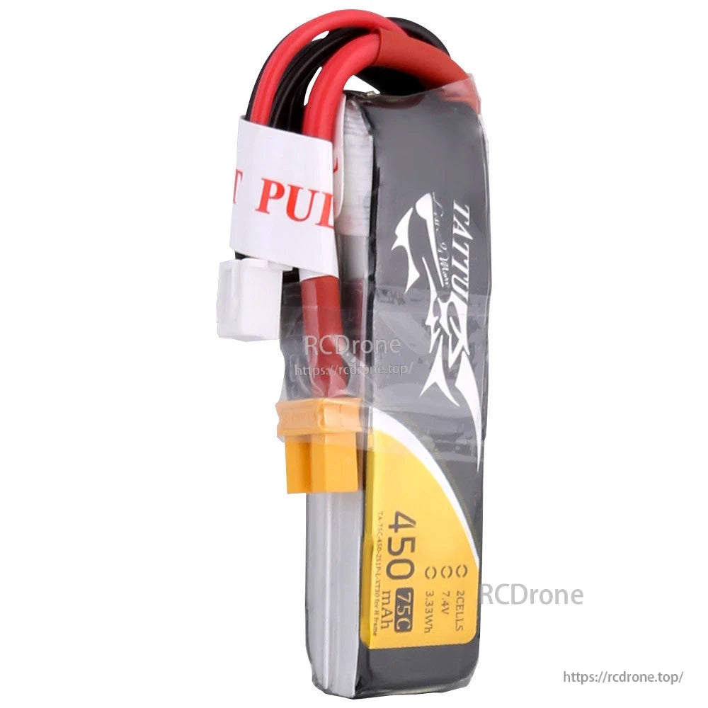 Tattu 450mAh 2S 75C 7.4V LiPo Battery, Tattu 450mAh 2S 7.4V 75C LiPo battery pack with yellow power connector and 2S balance plug