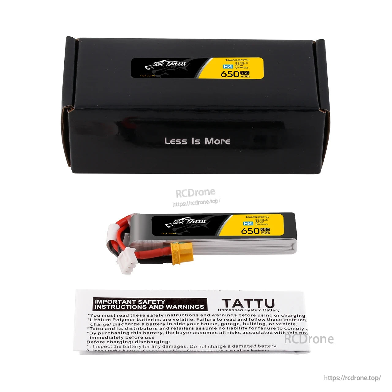 Tattu 650mAh 2S 95C 7.6V HV LiPo Battery, Tattu 650mAh 2S HV LiPo battery with XT30 plug and balance lead, plus safety instructions and box