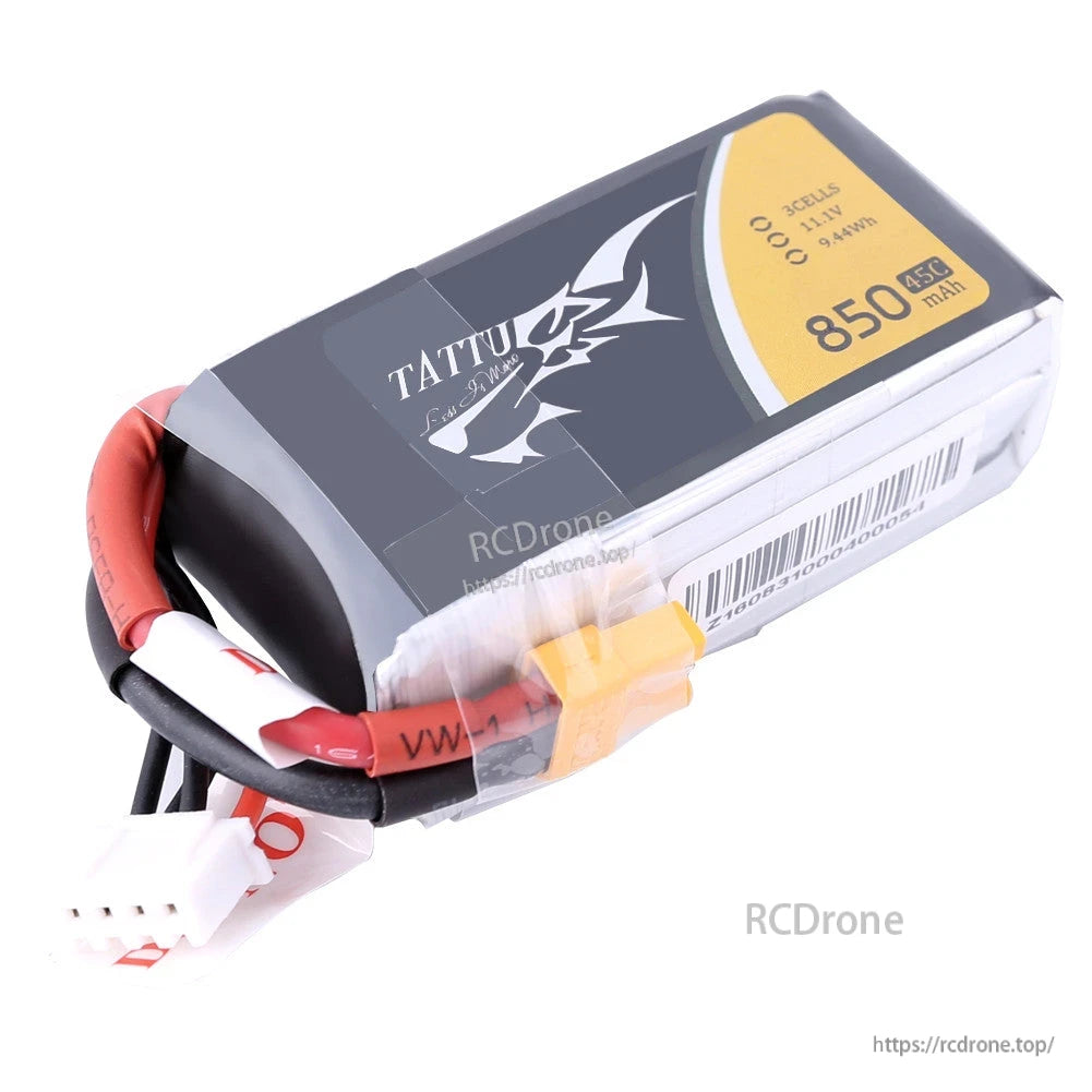 Tattu 850mAh 3S 11.1V 45C LiPo battery pack with labeled case and balance lead wiring