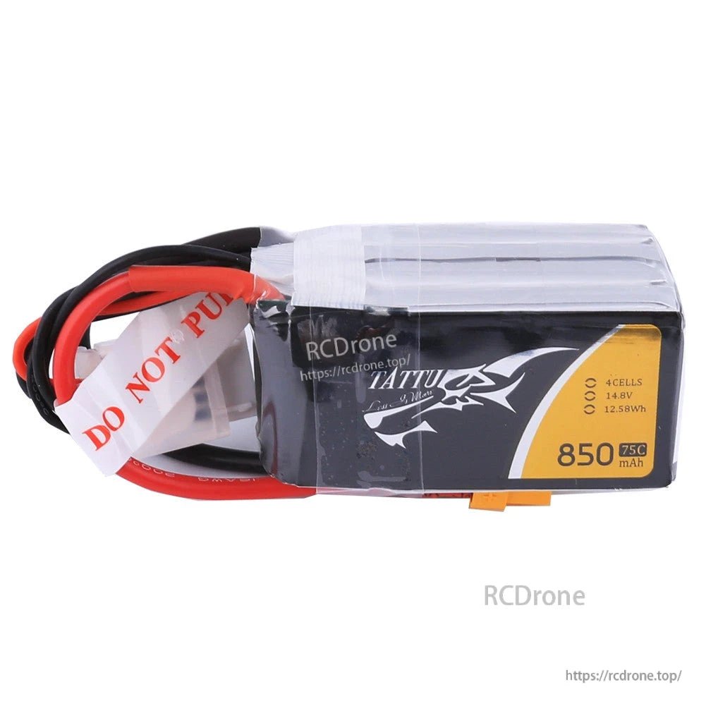 Tattu 850mAh 4S 14.8V 75C LiPo battery pack with main power leads and white balance connector