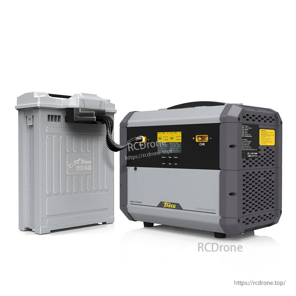 Tattu dual-channel smart battery charger with LCD screen and CHB connector, shown connected to a Tattu Smart 4.0 battery