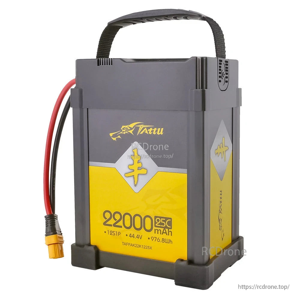 Tattu AGRI 22000mAh 44.4V 25C 12S1P LiPo Battery, Tattu AGRI 12S LiPo battery pack with hard case handle, 22000mAh 44.4V 25C label and yellow XT90 plug