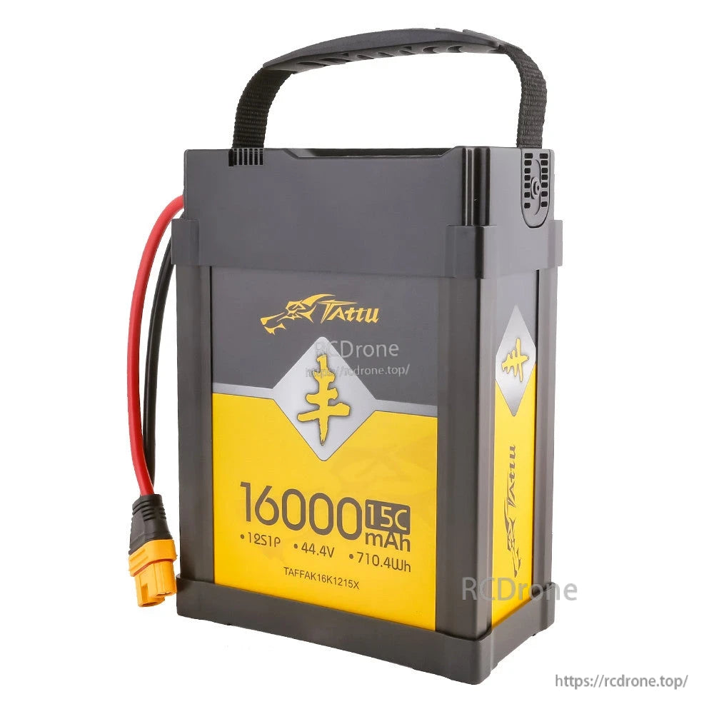 Tattu AGRI LiPo battery pack with carry handle and yellow connector, labeled 16000mAh 15C 12S 44.4V