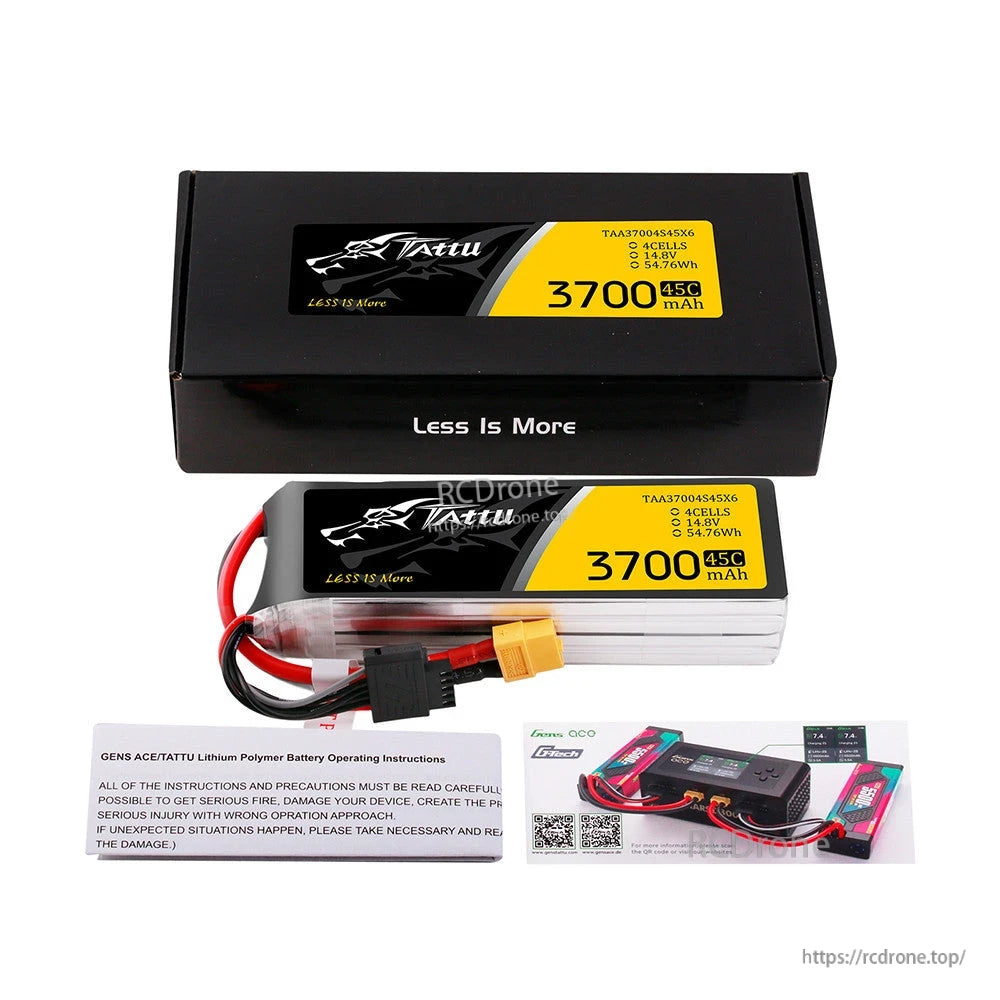 Tattu G-Tech 3700mAh 4S 45C LiPo battery pack with XT60 connector, balance lead, and storage box