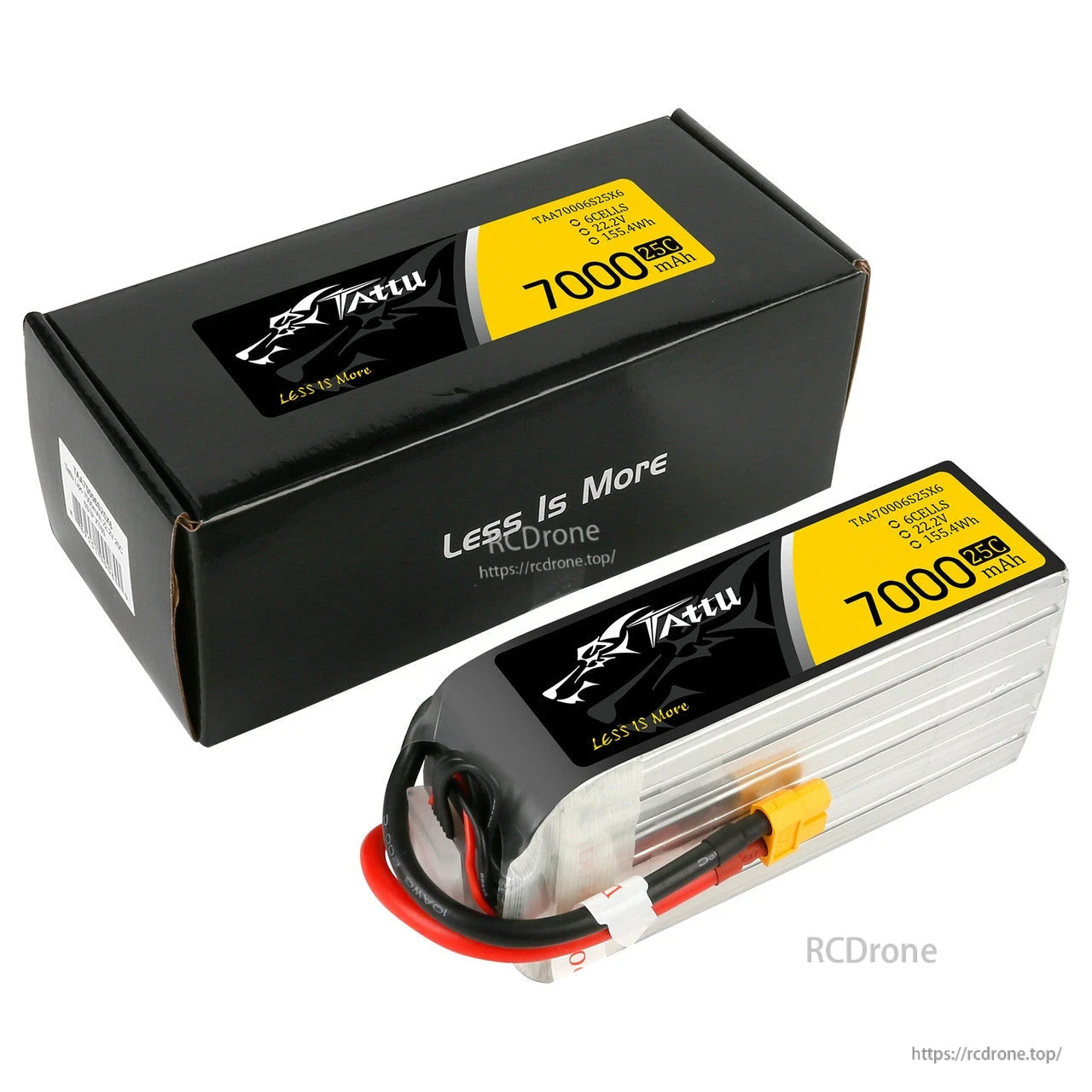 Tattu G-Tech 6S 7000mAh 25C 22.2V LiPo Battery, Tattu 6S 22.2V 7000mAh 25C LiPo battery pack with yellow XT90-style connector and retail box