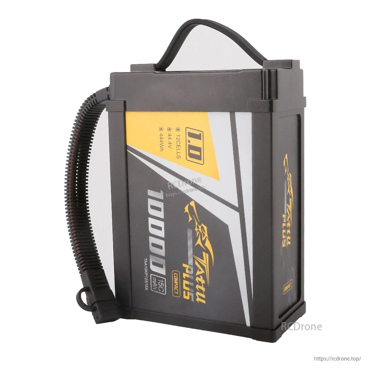 Tattu Plus hard-case LiPo battery pack with carry handle, labeled 12S 44.4V 10000mAh 15C (444Wh)