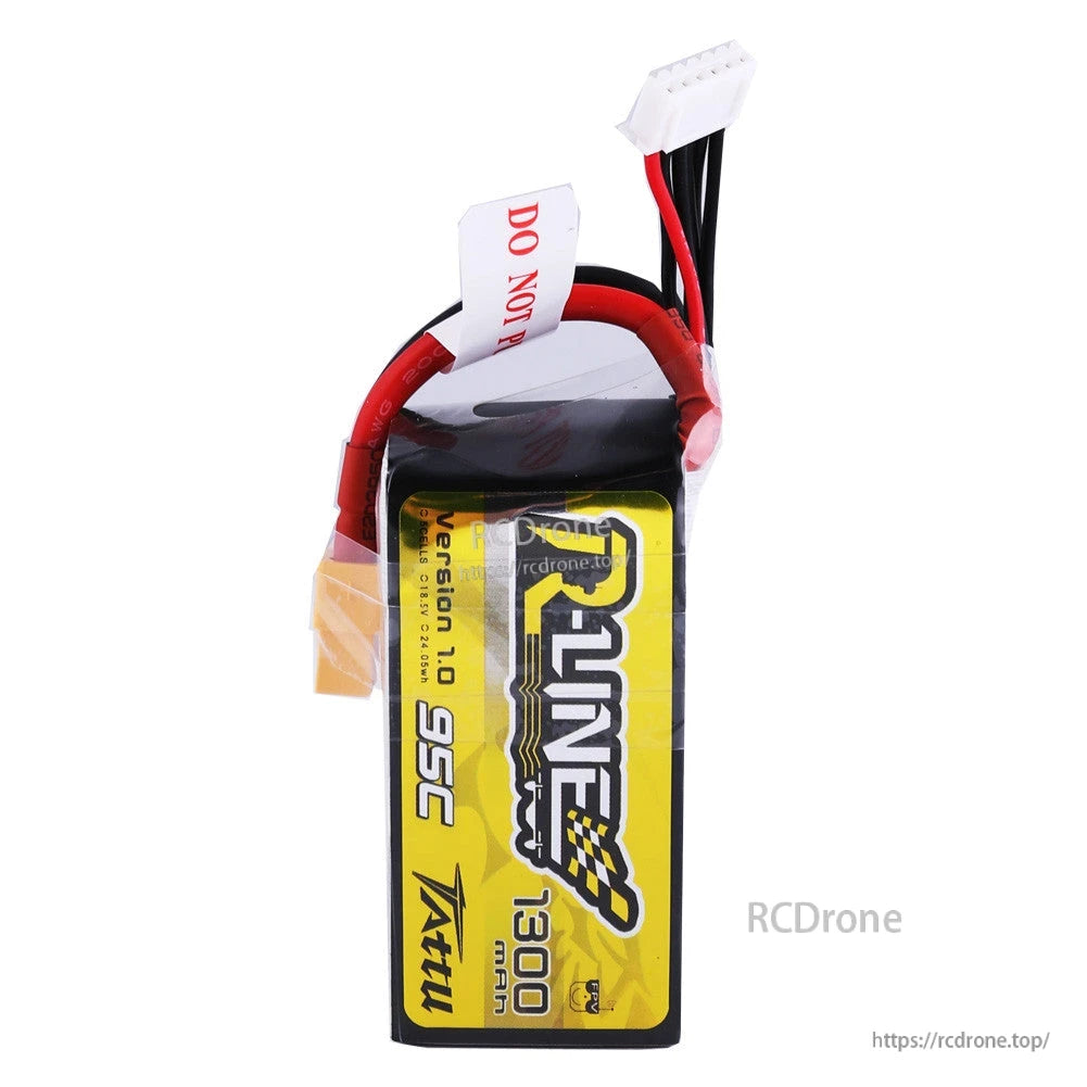 Tattu R-Line 1300mAh 5S1P 18.5V 95C LiPo Battery, Tattu R-Line 1300mAh 5S LiPo battery pack with R-Line label and JST-XHR balance connector leads