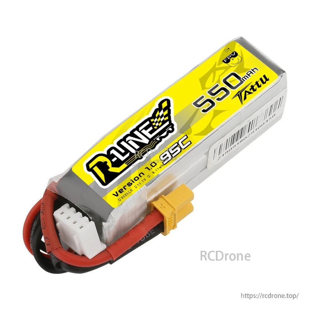 Tattu R-Line 550mAh 3S 11.1V 95C LiPo battery pack with XT30 connector and 4-pin balance lead
