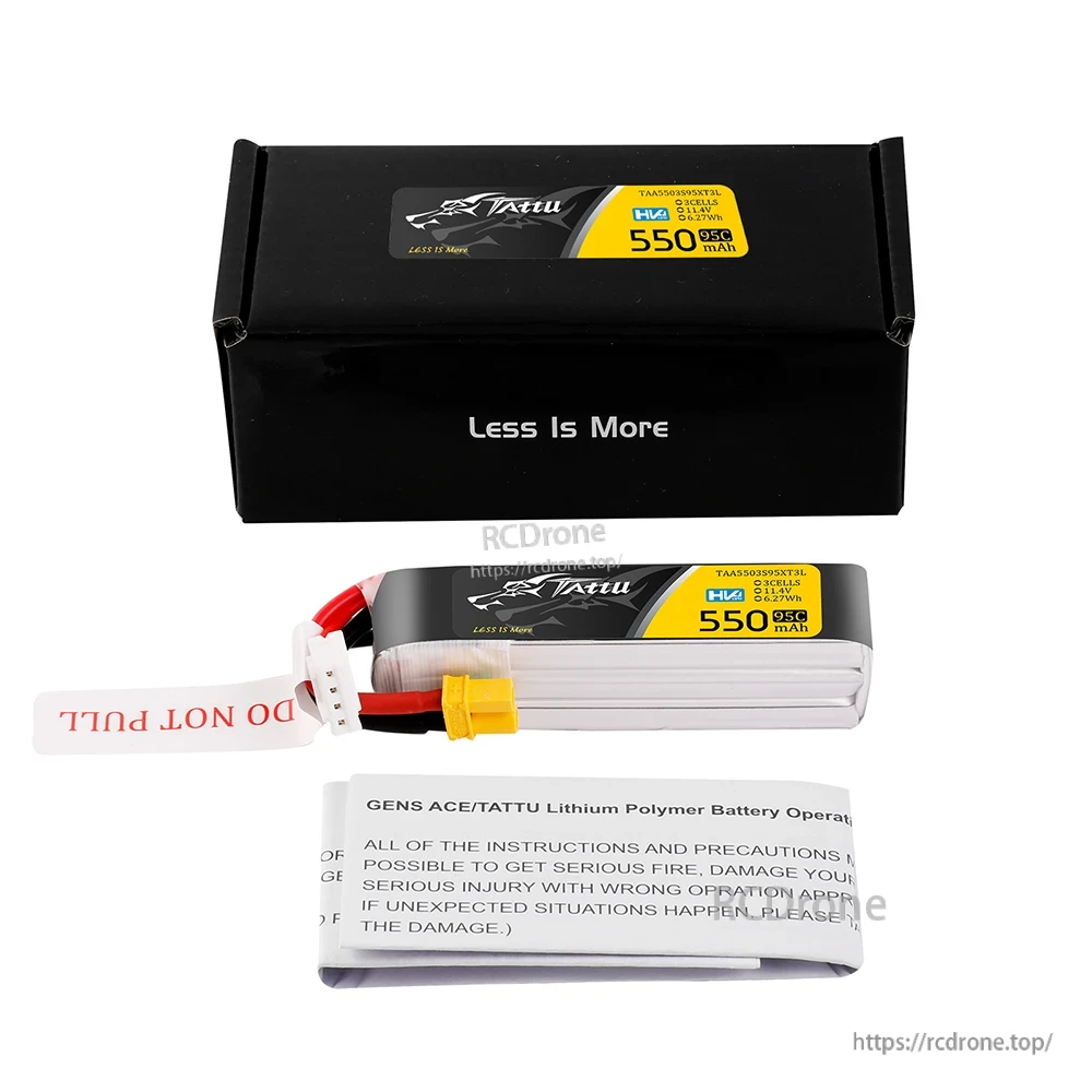 Tattu R-Line 550mAh 3S 11.4V HV 95C LiPo Battery, Tattu R-Line 550mAh 3S HV LiPo battery with XT30 plug and balance lead, plus safety leaflet and box