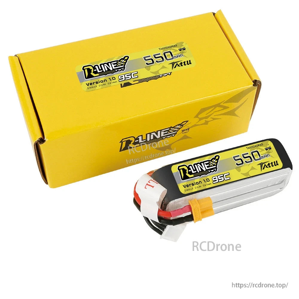 Tattu R-Line 550mAh 4S 14.8V 95C LiPo Battery, Tattu R-Line 550mAh 95C LiPo battery pack with yellow XT30-style plug and balance lead, plus yellow box