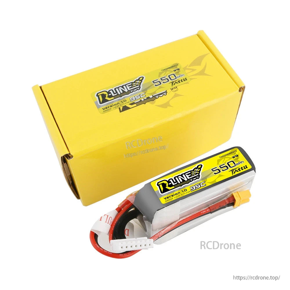 Tattu R-Line 550mAh 6S 22.2V 95C LiPo Battery, Tattu R-Line 550mAh LiPo battery pack with yellow XT30-style connector, balance lead, and storage box