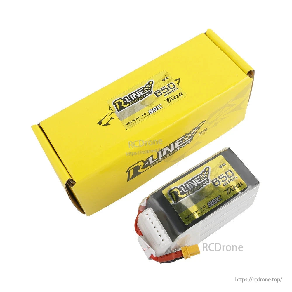Tattu R-Line 650mAh 6S 22.2V 95C LiPo Battery, Tattu R-Line 650mAh 95C LiPo battery pack with balance lead and yellow XT30-style connector, plus box