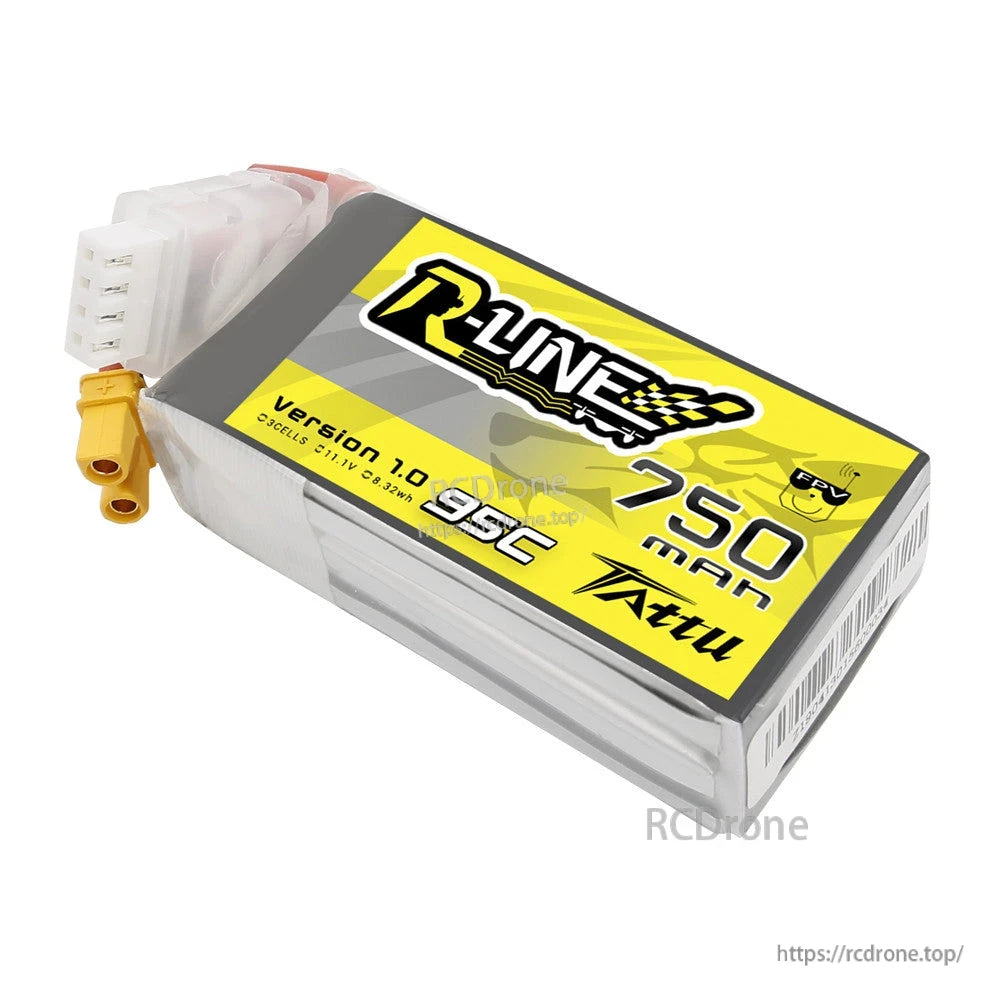 Tattu R-Line 750mAh 3S 11.1V 95C LiPo battery pack with yellow XT30-style plug and balance connector