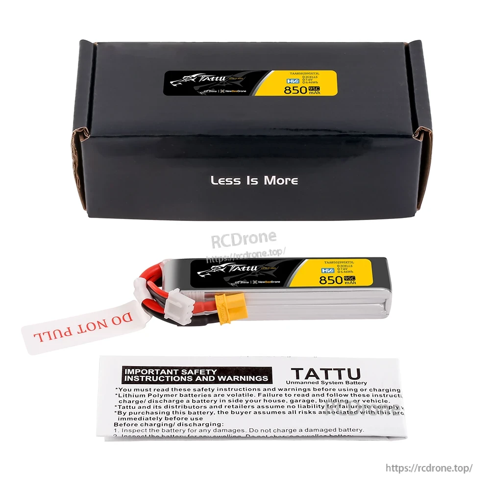 Tattu R-Line 850mAh 2S 7.6V HV 95C LiPo Battery, Tattu R-Line 850mAh 2S 7.6V HV LiPo battery with XT30 power lead, balance plug, and retail box