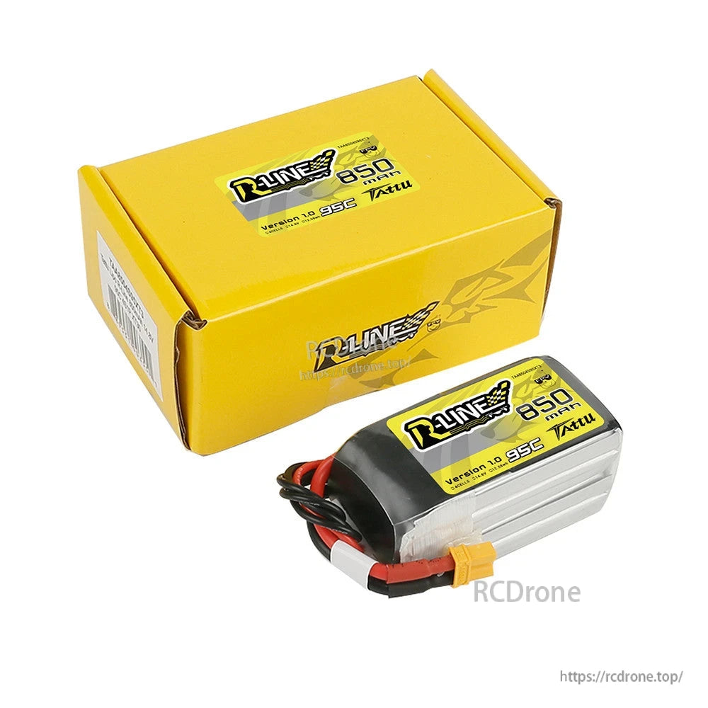Tattu R-Line 850mAh 4S 14.8V 95C LiPo Battery, Tattu R-Line 850mAh 95C LiPo battery pack with XT30 connector, shown with yellow R-Line box
