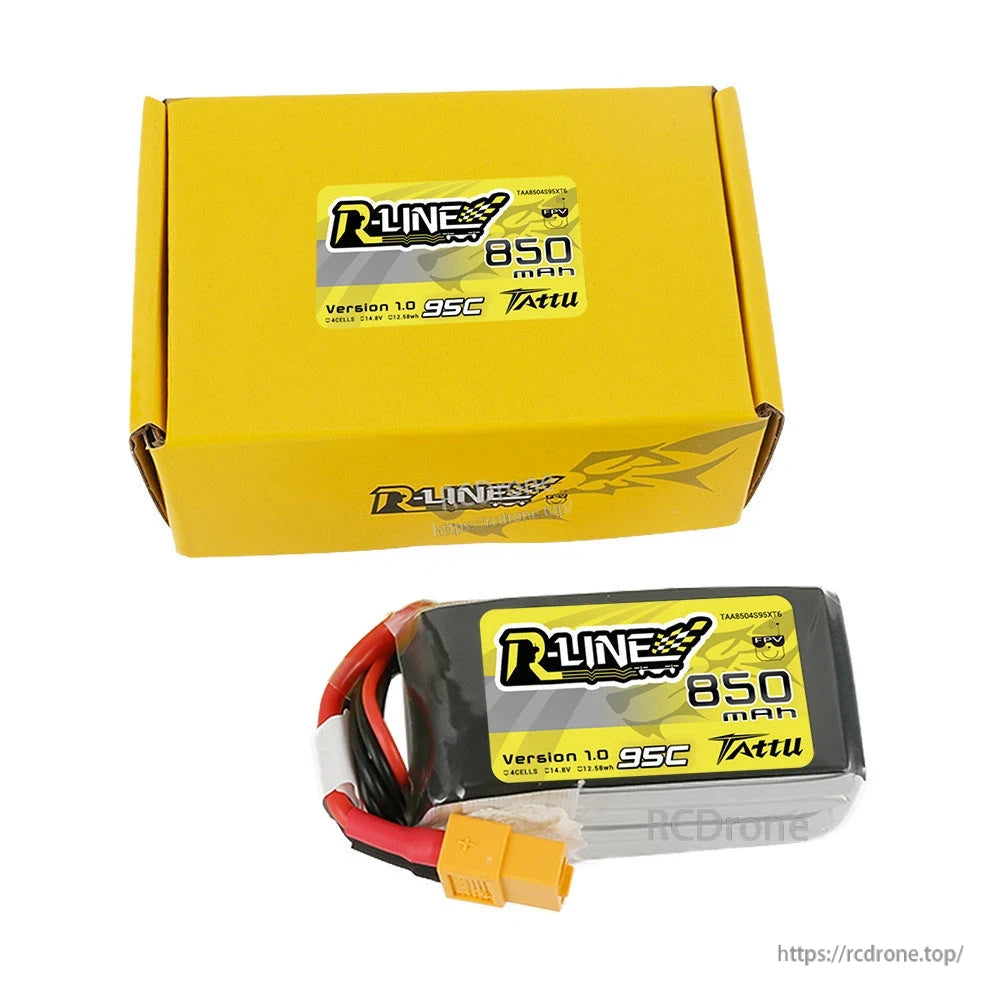 Tattu R-Line 850mAh 4S 14.8V LiPo battery with 95C label and XT60-style connector, plus yellow R-Line box