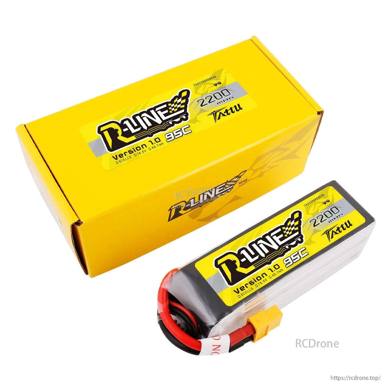 Tattu R-Line LiPo battery pack with 2200mAh 6S 22.2V label, 95C rating, and yellow XT60 connector
