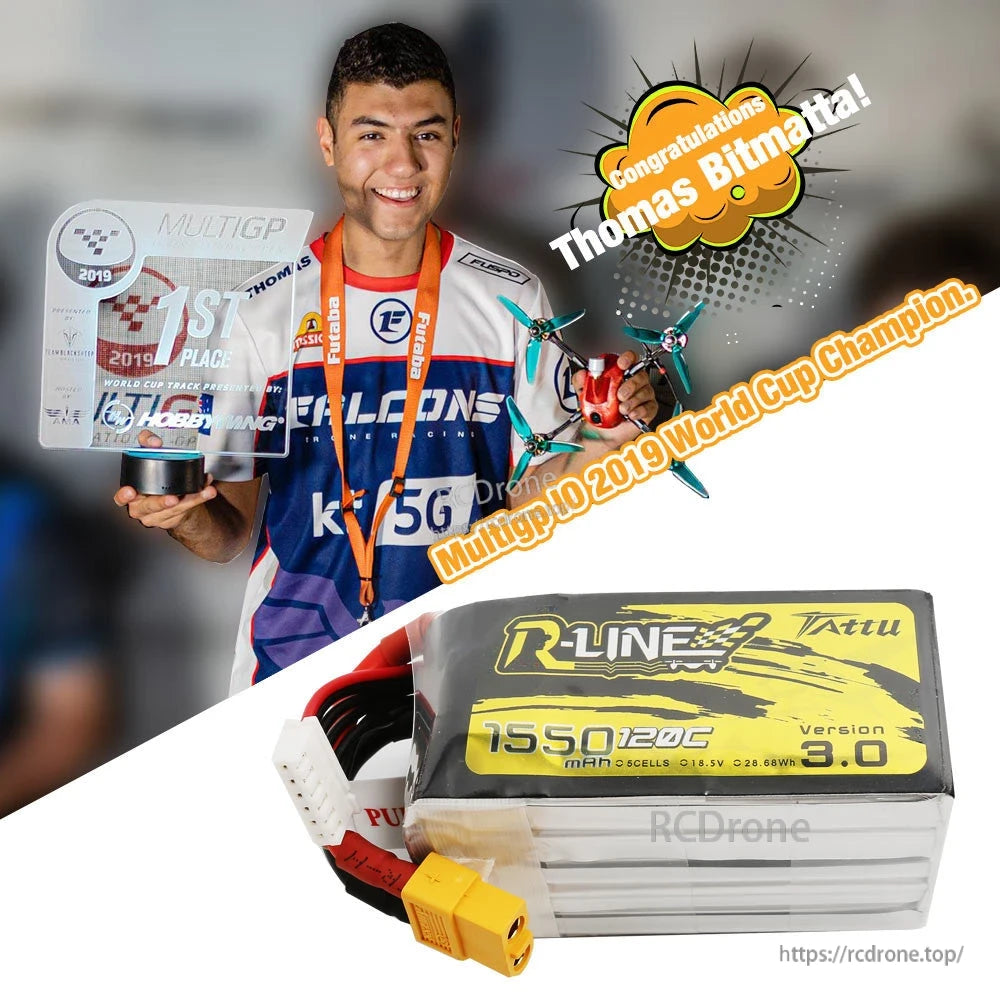 Tattu R-Line 1550mAh 5S 120C LiPo battery pack (Version 3.0) with XT60 lead and JST-XHR balance plug
