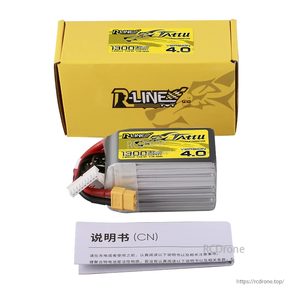 Tattu R-Line Version 4.0 1300mAh 8S LiPo battery pack with XT60 lead, balance connector, and box