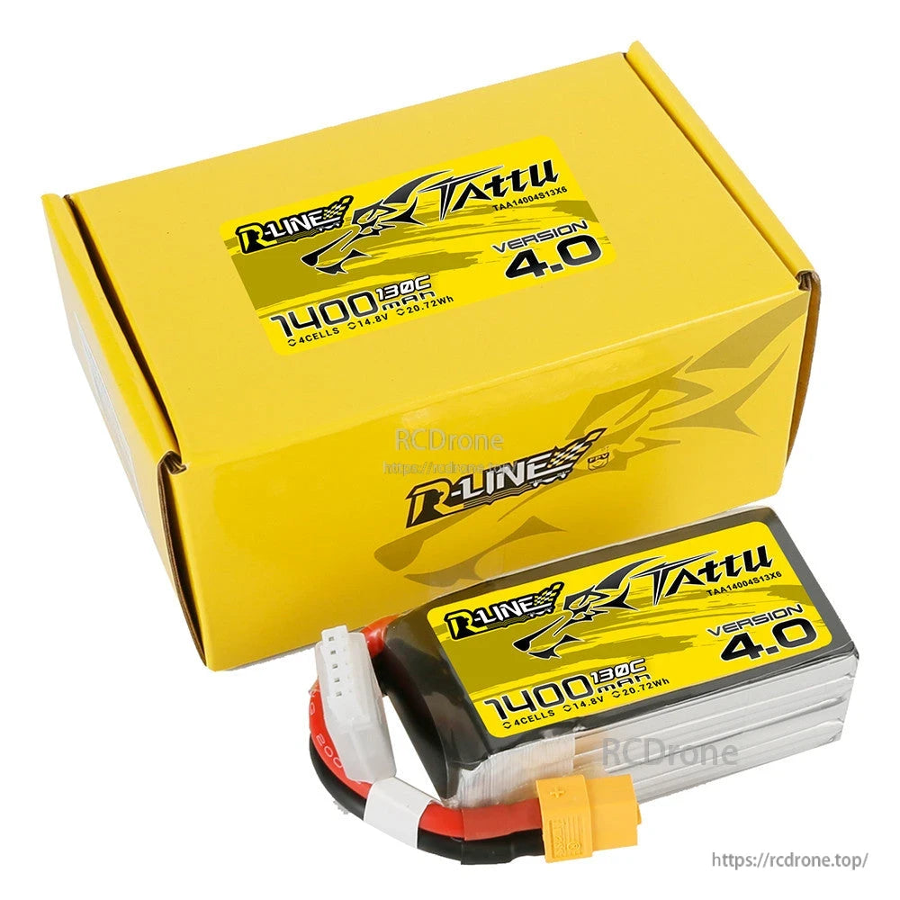 Tattu R-Line V4.0 1400mAh 4S 14.8V LiPo battery pack with XT60 lead and white balance connector