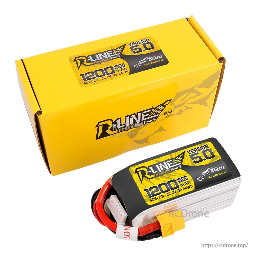Tattu R-Line V5 LiPo Battery, Tattu R-Line V5 6S 22.2V 1200mAh LiPo battery with XT60 plug and balance lead, plus yellow box