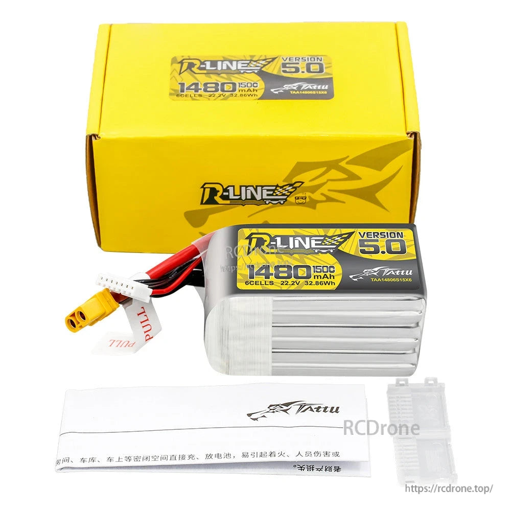 Tattu R-Line V5.0 1480mAh 6S 22.2V 150C LiPo battery pack with XT60 lead and balance connector
