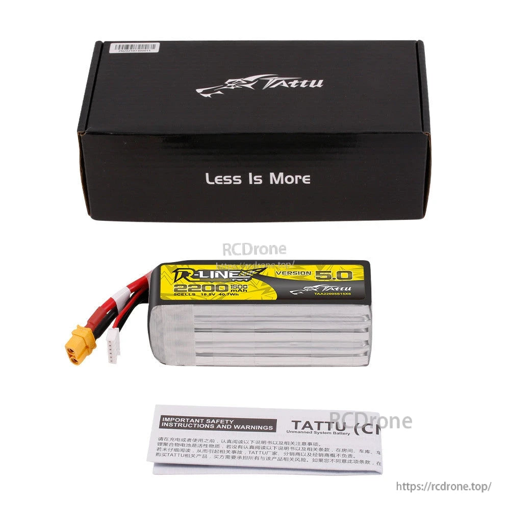 Tattu R-Line V5.0 2200mAh 5S LiPo battery pack with XT60 and JST-XHR-6P balance connector, box and manual