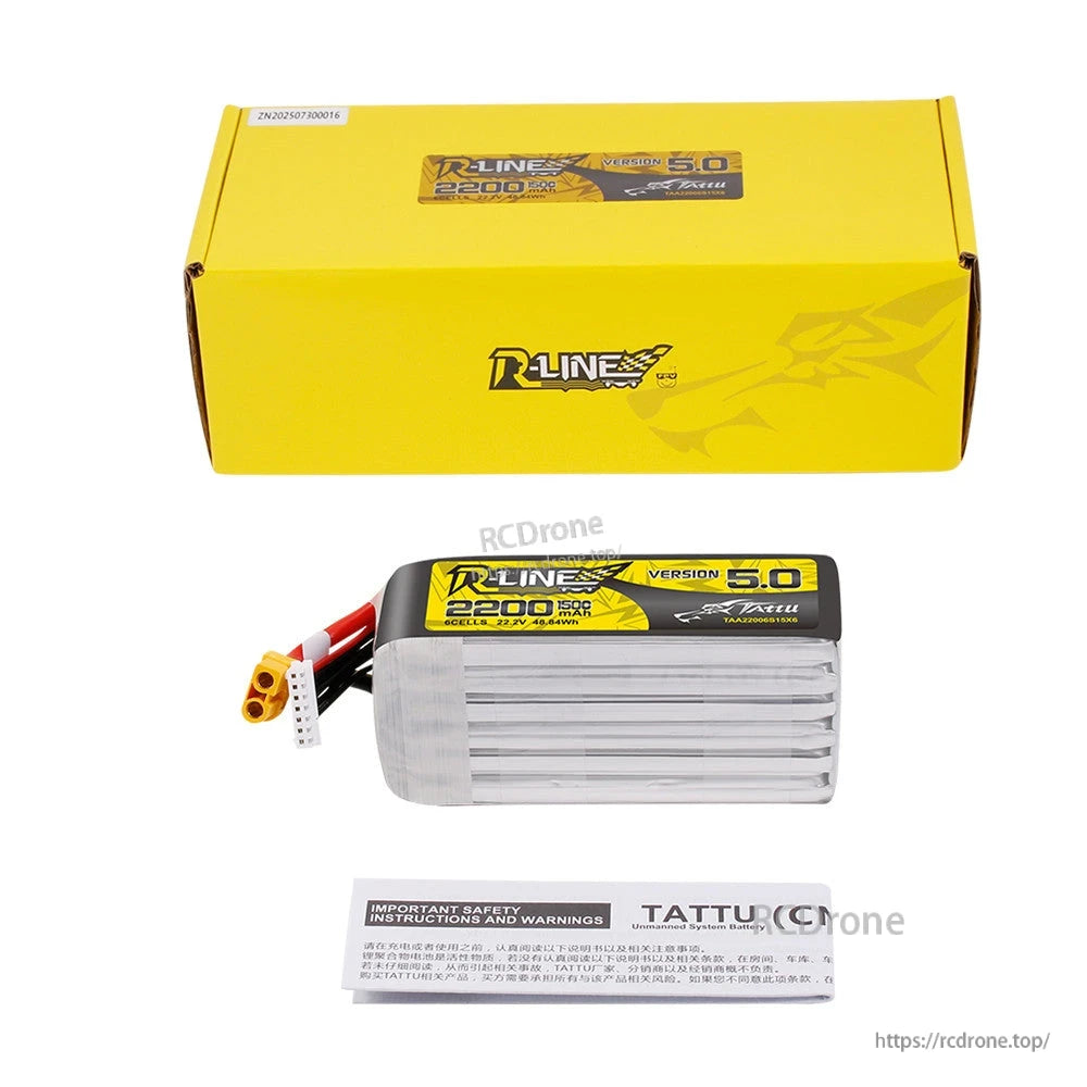 Tattu R-Line V5.0 2200mAh 6S 22.2V LiPo battery pack with XT60 lead and JST-XHR balance plug