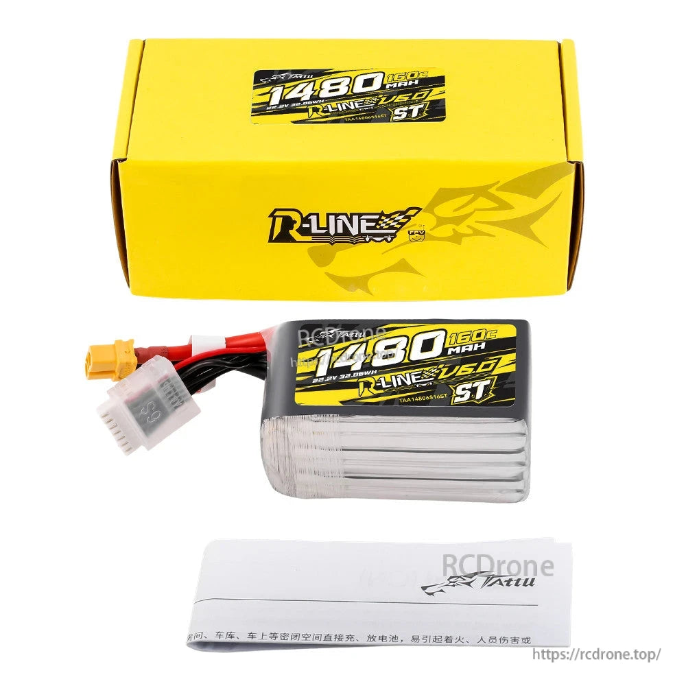 Tattu R-Line V6 1480mAh 6S LiPo battery pack with XT60 main lead, JST balance plug, and yellow box