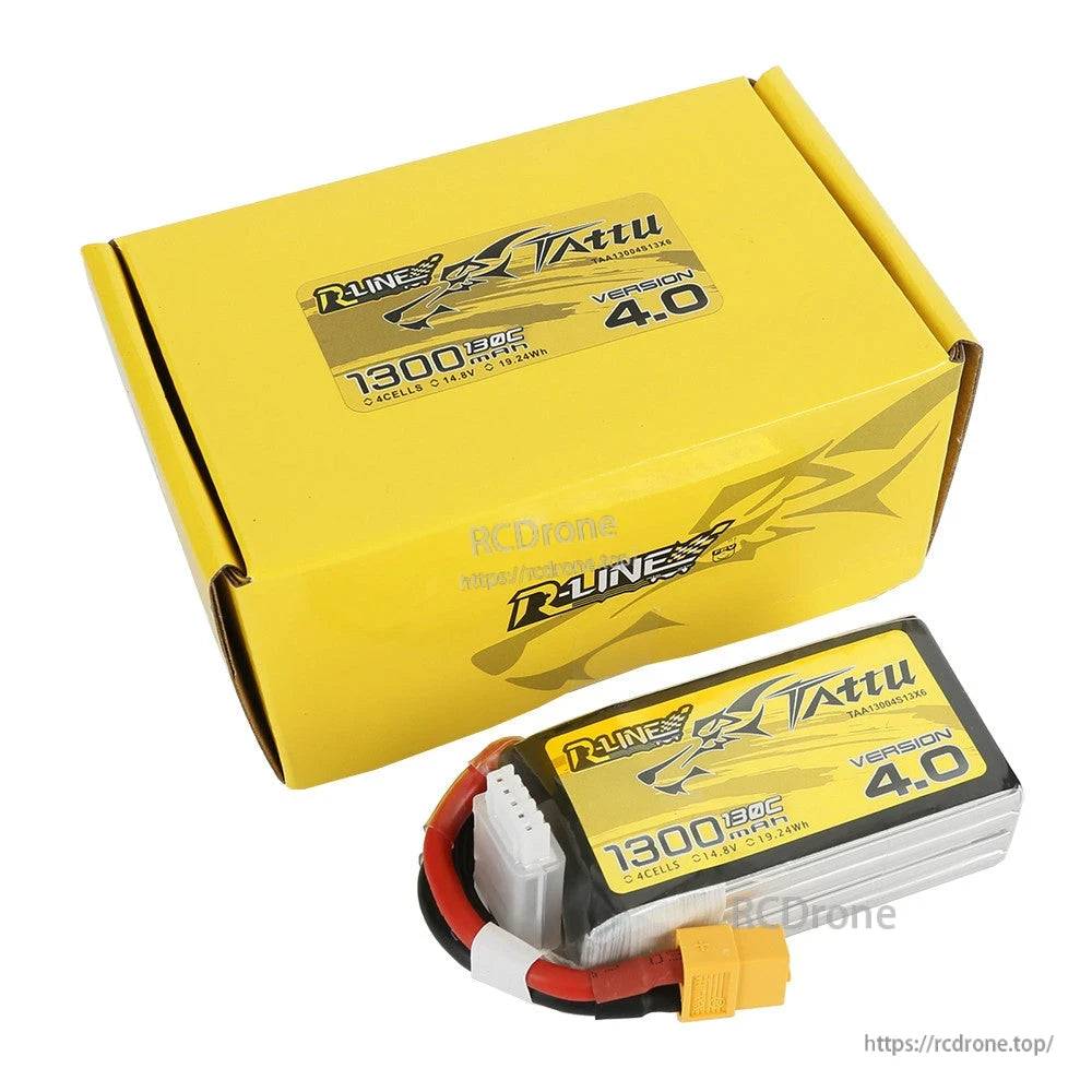 Tattu R-Line Version 4.0 1300mAh 4S 14.8V 130C LiPo battery with XT60 lead and white balance plug