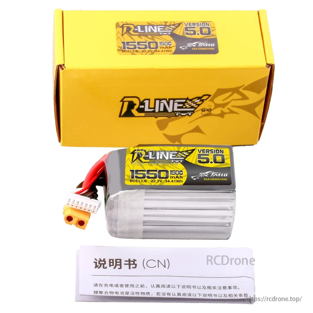 Tattu R-Line Version 5.0 1550mAh 6S 22.2V LiPo battery pack with XT60 connector and balance lead