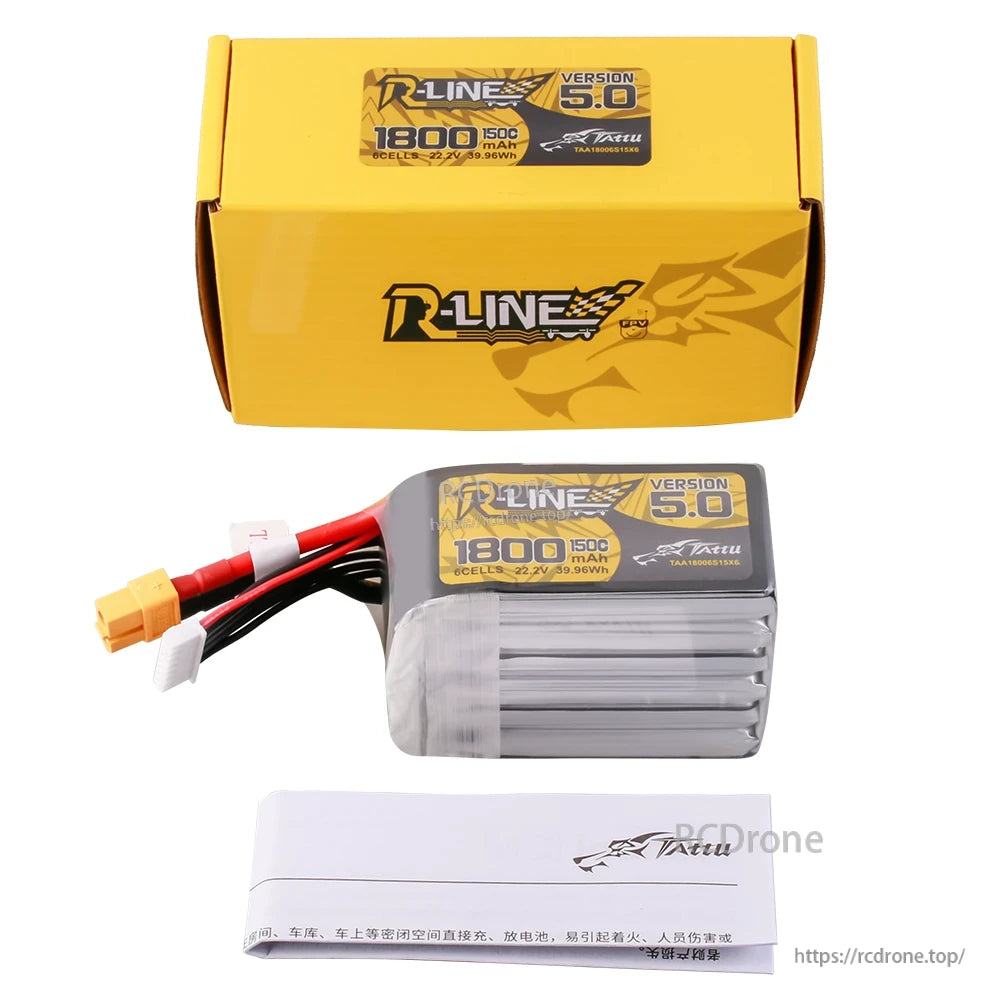 Tattu R-Line Version 5.0 LiPo battery with XT60 plug, balance lead, and 1800mAh 6S 22.2V 150C label
