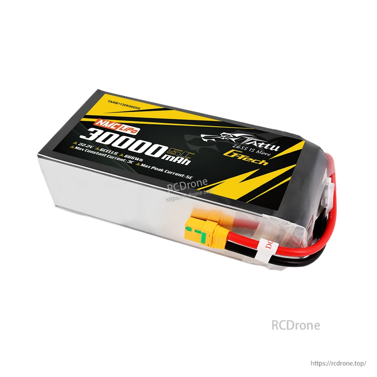Tattu G-Tech 22.2V 6S 30000mAh LiPo battery offers 666Wh, 284.62Wh/kg energy density, 3C/5C discharge, semi-solid state tech, XT90-S plug; ideal for industrial drones requiring long flight and stable power.