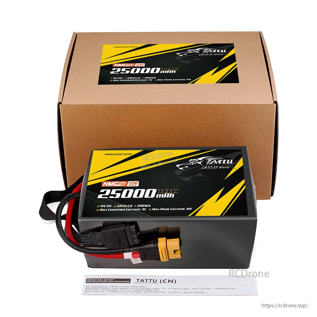 Tattu 25000mAh 12S1P NMC LiPo battery, 330Wh/kg, 10C, AS150U-F plug, 1110Wh capacity, max 3C continuous/10C peak current, includes safety instructions.