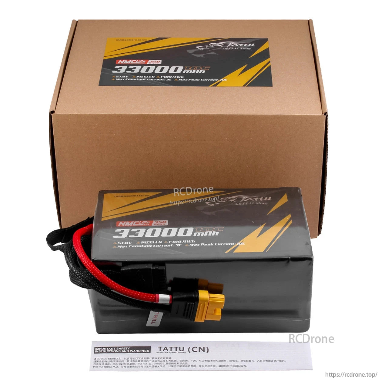 Tattu 33000mAh 14S1P NMC LiPo battery (51.8V, 10C, 350Wh/kg) with AS150U-F plug, designed for industrial drones; supports 3C continuous/10C peak discharge; includes safety instructions.