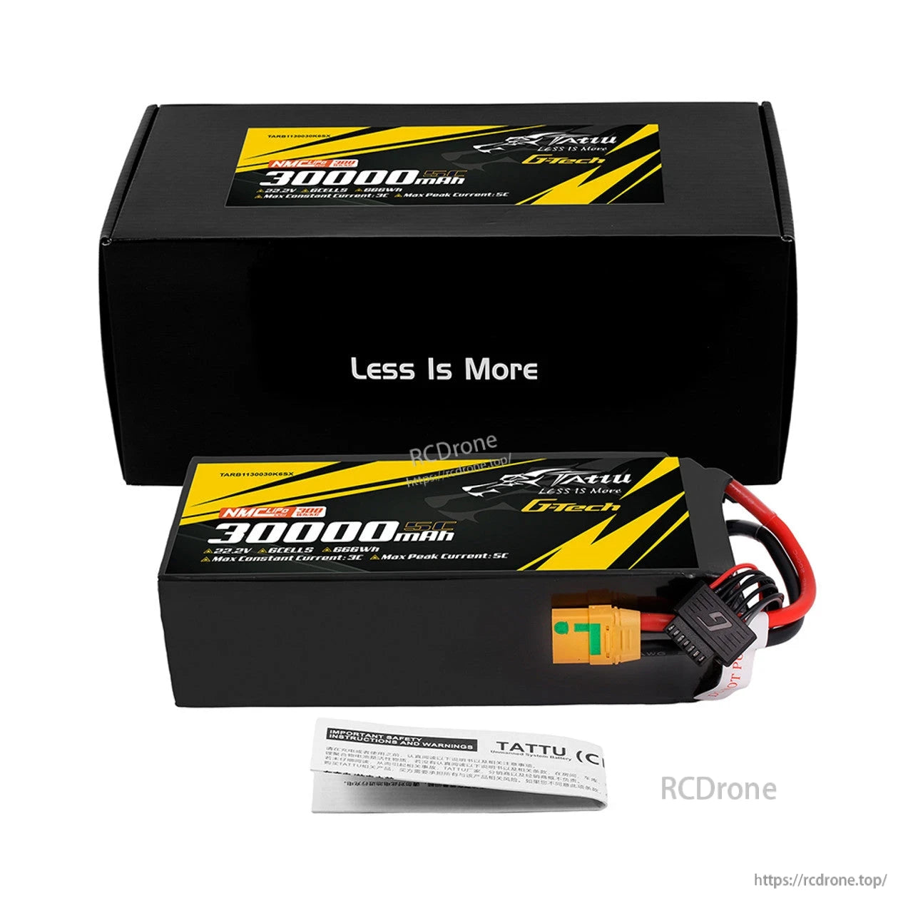 Tattu G-Tech 30,000mAh 6S1P LiPo battery with 5C discharge, 300Wh/kg energy density, XT90S-F connector, NMC Pro technology, includes safety instructions.