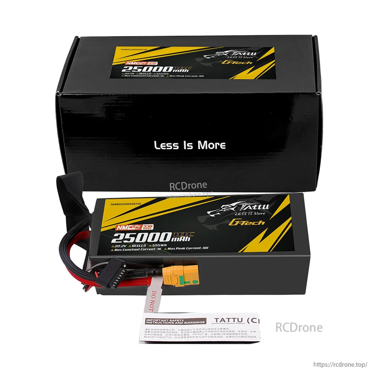 Tattu G-Tech 25,000mAh 6S1P 22.2V LiPo battery with 330Wh/kg energy density, 3C continuous/10C peak discharge, XT90-S connector, NMC technology, designed for industrial drones; includes safety guidelines.