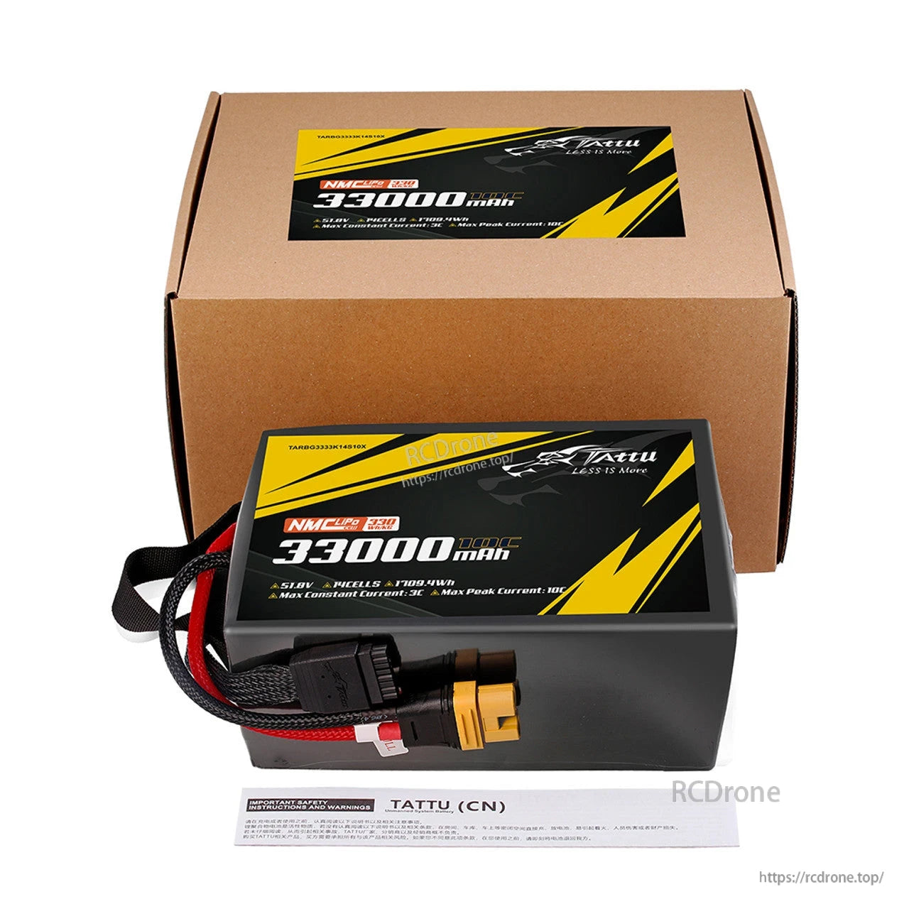 Tattu Semi-solid State LiPo Battery, Tattu 33000mAh 14S1P NMC LiPo battery, 51.8V, 330Wh/kg, 709.4Wh capacity, AS150U-F plug, 3C continuous/10C peak discharge, includes safety guidelines.