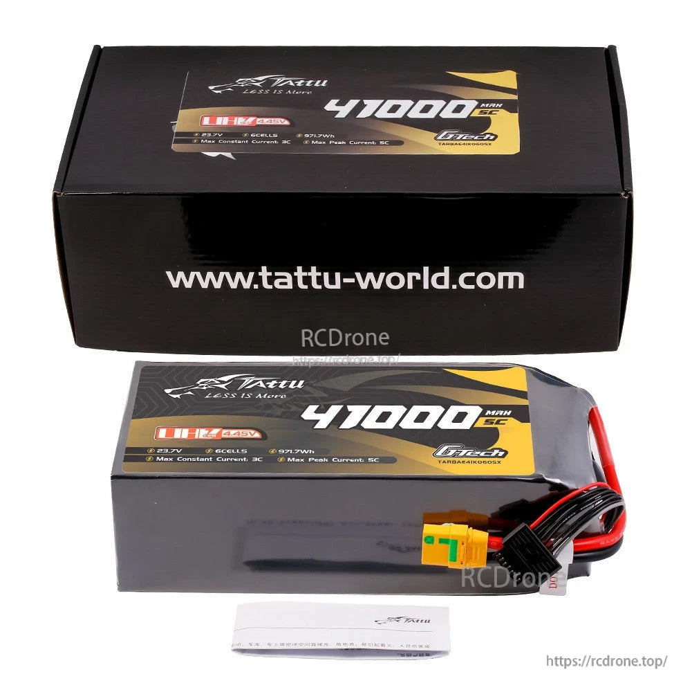Tattu Ultra High Voltage LiPo battery pack with box, labeled LiHV 6S 23.7V 41000mAh 5C and a yellow power plug