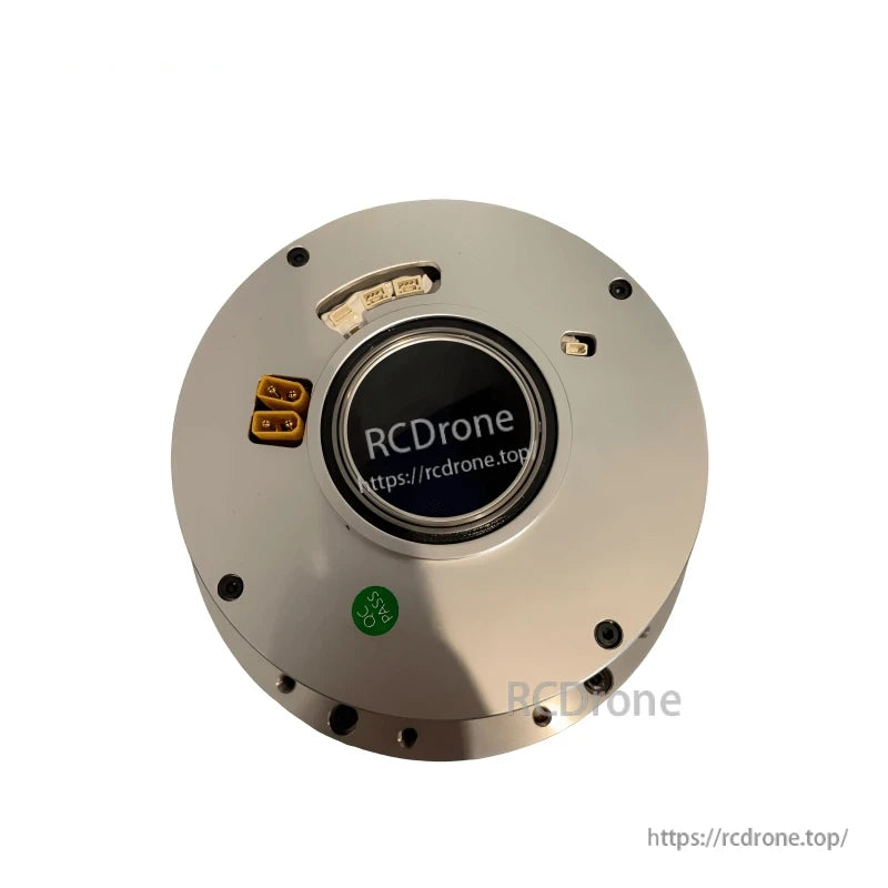 Top view close-up showing yellow power connector, small signal ports, and central opening
